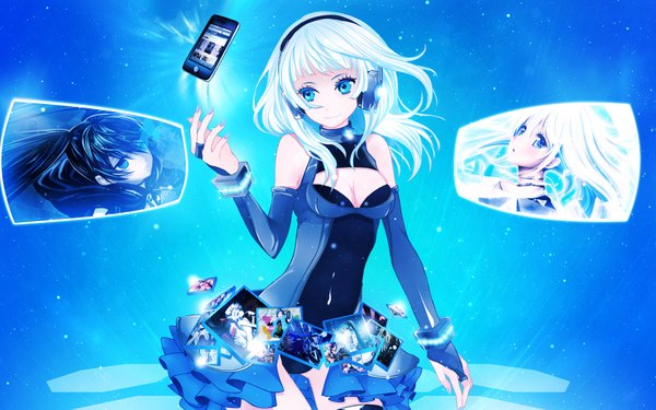 Anime picture 1680x1050 with black rock shooter denpa onna to seishun otoko shaft (studio) black rock shooter (character) touwa erio wogura highres short hair blue eyes smile wide image bare shoulders white hair blue background girl dress gloves detached sleeves elbow gloves headphones