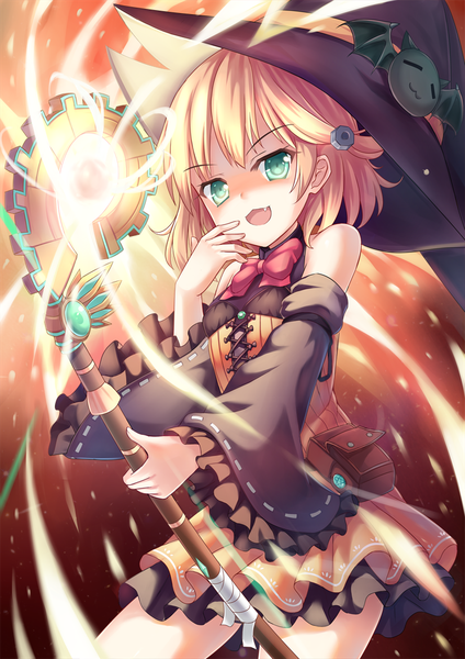 Anime picture 744x1052 with original shimokirin single tall image looking at viewer short hair open mouth blonde hair smile holding green eyes payot :d wide sleeves fang (fangs) magic shaded face lacing hand to mouth >:d