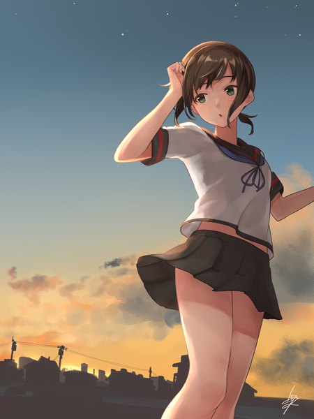 Anime picture 2400x3200 with kantai collection fubuki destroyer baffu single tall image fringe highres short hair open mouth brown hair green eyes signed looking away sky cloud (clouds) outdoors pleated skirt wind shadow city