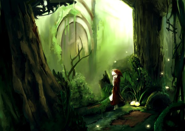 Anime picture 1200x849 with sound horizon elysion relax (artist) single brown eyes white hair looking back nature girl plant (plants) tree (trees) hood cloak forest door fireflies