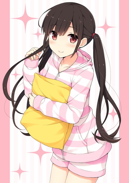 Anime picture 752x1062 with original nakamura sumikage single long hair tall image looking at viewer blush black hair smile red eyes twintails girl pillow pajamas