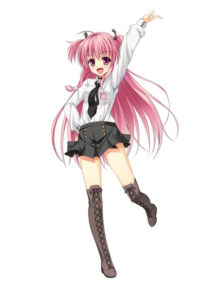 Anime picture 750x1000 with angel beats! key (studio) yui (angel beats!) asa no ha single long hair tall image blush open mouth simple background white background purple eyes pink hair full body :d arm up two side up hand on hip girl skirt