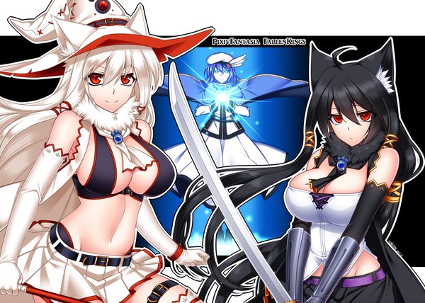 Anime picture 1449x1036 with original pixiv fantasia pixiv fantasia fallen kings konshin long hair looking at viewer breasts light erotic black hair red eyes large breasts bare shoulders multiple girls animal ears ahoge white hair midriff witch girl gloves