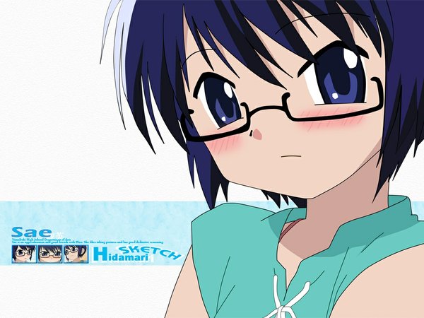 Anime picture 1024x768 with hidamari sketch shaft (studio) sae short hair blue eyes blue hair glasses