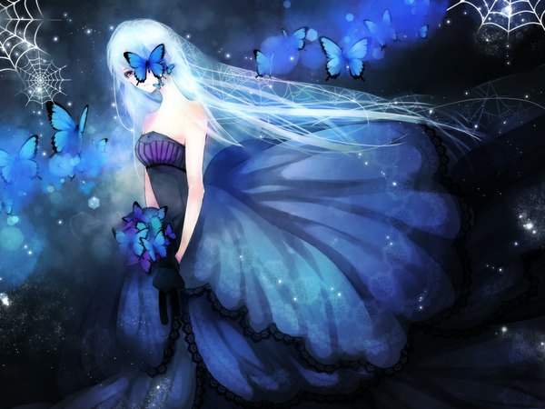 Anime picture 1000x750 with original yuukichi single long hair fringe bare shoulders holding silver hair girl dress insect butterfly spider web