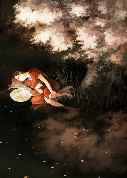 Anime picture 851x1193 with original amanohana single long hair tall image smile brown hair lying traditional clothes japanese clothes night orange eyes cherry blossoms on side reflection lake girl plant (plants) petals tree (trees)