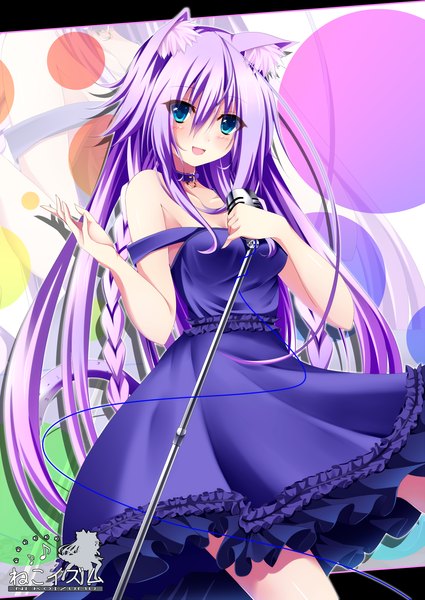 Anime picture 1050x1483 with original akine (kuroyuri) single long hair tall image blush open mouth blue eyes bare shoulders animal ears purple hair braid (braids) cat ears cat girl cat tail girl dress microphone microphone stand