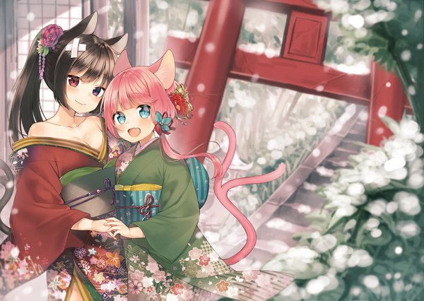 Anime picture 1125x800 with original midorikawa you long hair blush fringe open mouth blue eyes black hair bare shoulders multiple girls animal ears pink hair ponytail tail blunt bangs traditional clothes japanese clothes animal tail blurry cat ears