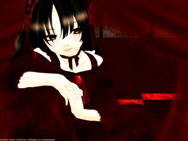 Anime picture 1600x1200 with le portrait de petit cossette single black hair red eyes girl dress pendant curtains