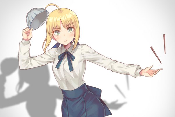 Anime picture 800x533 with fate (series) fate/stay night type-moon artoria pendragon (all) saber g.t single looking at viewer blush fringe short hair simple background blonde hair green eyes ahoge grey background shadow outstretched arm puffy cheeks girl