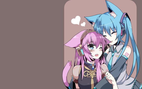 Anime picture 2560x1600 with vocaloid hatsune miku megurine luka mizuki (koko lost) long hair blush highres open mouth simple background smile wide image twintails bare shoulders multiple girls animal ears blue hair pink hair tail animal tail aqua eyes