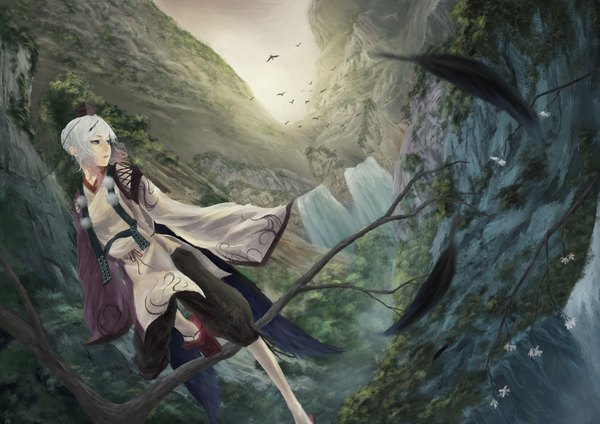Anime picture 2000x1416 with original akaikitsune single highres open mouth looking away silver hair traditional clothes grey eyes mountain waterfall girl flower (flowers) plant (plants) hat animal tree (trees) water bird (birds) feather (feathers)