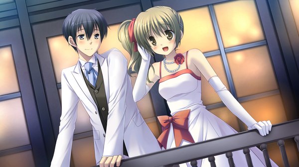 Anime picture 1920x1080 with with ribbon makiya sumika highres black hair brown hair wide image brown eyes game cg black eyes couple girl dress boy