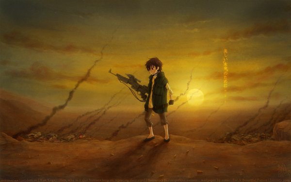 Anime picture 1680x1050 with mobile suit gundam mobile suit gundam 00 sunrise (studio) setsuna f seiei asa00 short hair red eyes brown hair wide image sky evening sunset smoke landscape alternate age boy gloves weapon gun child (children)