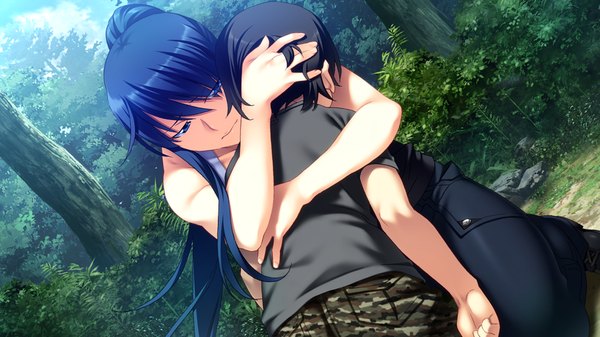 Anime picture 1024x576 with grisaia no kajitsu kazami yuuji kusakabe asako long hair blue eyes black hair wide image game cg hug girl boy plant (plants) tree (trees)