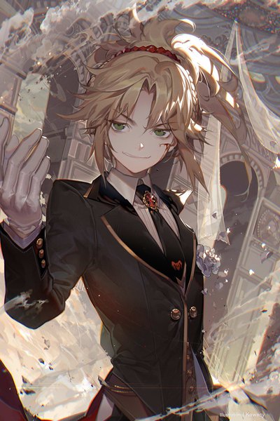 Anime picture 683x1024 with fate (series) fate/grand order fate/apocrypha mordred (fate) kawacy single long hair tall image blonde hair smile green eyes upper body ponytail outstretched arm smoke smirk formal tsurime heroic spirit formal dress tomboy