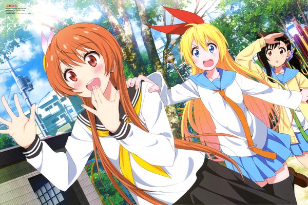 Anime picture 6110x4081 with nisekoi shaft (studio) kirisaki chitoge tachibana marika onodera haru yokota takumi long hair blush highres open mouth blue eyes black hair blonde hair multiple girls brown eyes absurdres orange hair official art orange eyes girl