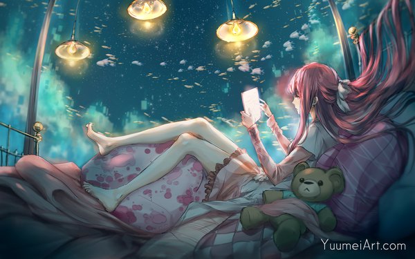 Anime picture 2000x1250 with shelter (music video) rin (shelter) yuumei single long hair fringe highres holding red hair barefoot bare legs legs half updo fantasy girl animal pillow toy fish (fishes) stuffed toy