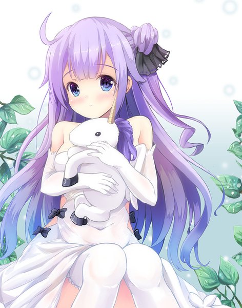 Anime picture 1000x1270 with azur lane unicorn (azur lane) staryume single long hair tall image looking at viewer blush fringe blue eyes hair between eyes sitting bare shoulders purple hair ahoge bent knee (knees) hug gradient background side ponytail girl