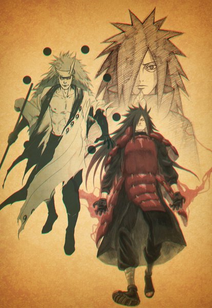 Anime picture 1001x1451 with naruto studio pierrot naruto (series) uchiha madara anvmadara long hair tall image looking at viewer fringe black hair hair over one eye bare belly torn clothes yellow background serious dual persona spiked hair warrior boy gloves