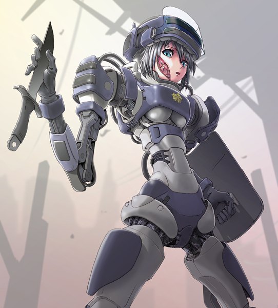 Anime picture 1024x1132 with original sukabu single tall image short hair blue eyes silver hair grey hair injury mechanical parts policewoman deep wound girl weapon knife helmet robot shield android