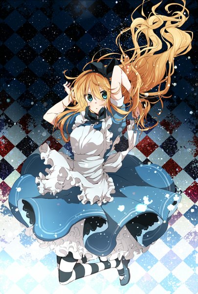 Anime picture 800x1184 with alice in wonderland alice (wonderland) bukiiro3 single long hair tall image looking at viewer blush fringe blue eyes blonde hair short sleeves puffy sleeves checkered falling checkered background girl hair ornament bow pantyhose