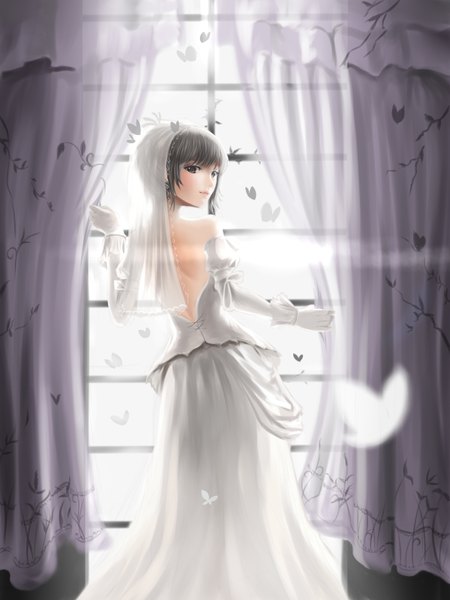 Anime picture 2400x3200 with original red flowers single tall image highres short hair black hair looking back black eyes girl dress gloves elbow gloves white gloves window insect butterfly