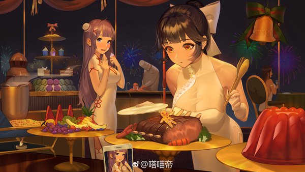 Anime picture 5460x3072 with azur lane takao (azur lane) unicorn (azur lane) south dakota (azur lane) south dakota (solo concert) (azur lane) damiaodi long hair looking at viewer blush fringe highres breasts blue eyes light erotic black hair wide image large breasts multiple girls holding signed