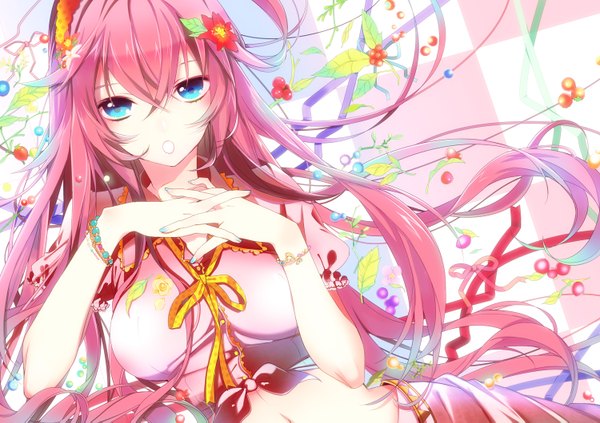 Anime picture 1500x1059 with vocaloid megurine luka manyako (mohumohu) single long hair looking at viewer blue eyes pink hair midriff girl flower (flowers) ribbon (ribbons)