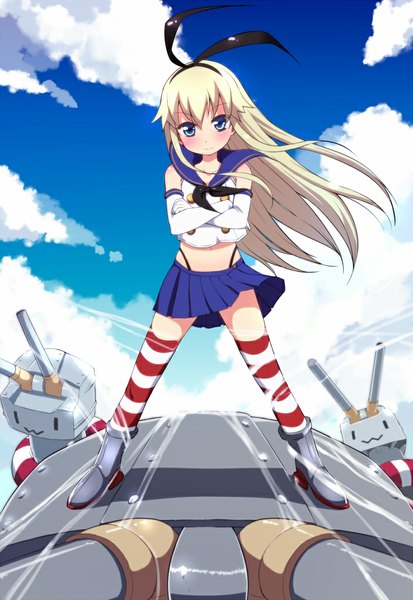 Anime picture 703x1020 with kantai collection shimakaze destroyer rensouhou-chan ereraero single long hair tall image looking at viewer blush blue eyes blonde hair cloud (clouds) full body crossed arms girl thighhighs gloves bow weapon hair bow
