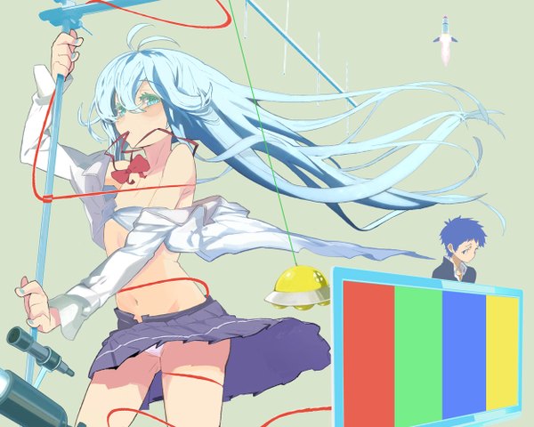 Anime picture 1250x1000 with denpa onna to seishun otoko shaft (studio) touwa erio niwa makoto yuuki (irodo rhythm) long hair short hair blue eyes light erotic blue hair nail polish open clothes open shirt mouth hold girl boy skirt uniform underwear panties