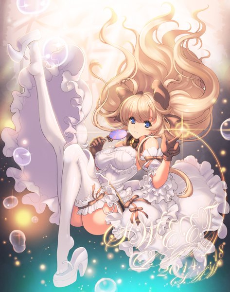 Anime picture 1200x1520 with sword girls isfeldt ecell (artist) single long hair tall image looking at viewer blue eyes light erotic blonde hair wavy hair underwater girl thighhighs dress gloves bow hair bow white thighhighs food