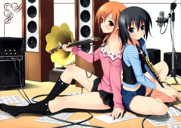 Anime picture 3626x2577 with original kantoku long hair blush highres blue eyes black hair blonde hair red eyes multiple girls absurdres orange hair back to back girl skirt 2 girls socks black socks musical instrument microphone stand