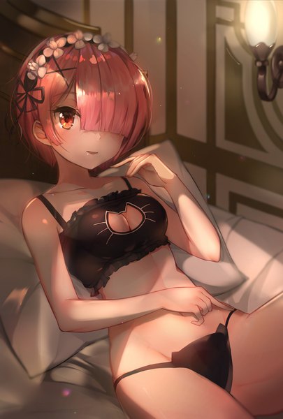 Anime picture 2764x4093 with re:zero kara hajimeru isekai seikatsu white fox ram (re:zero) bada (jksh5056) single tall image looking at viewer fringe highres short hair breasts light erotic red eyes red hair light smile blurry hair over one eye sparkle depth of field underwear only