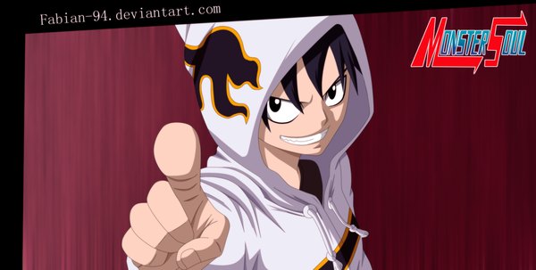 Anime picture 1600x809 with monster soul (manga) aki (monster soul) fabiansm single short hair black hair smile wide image black eyes inscription grin coloring pointing boy hood