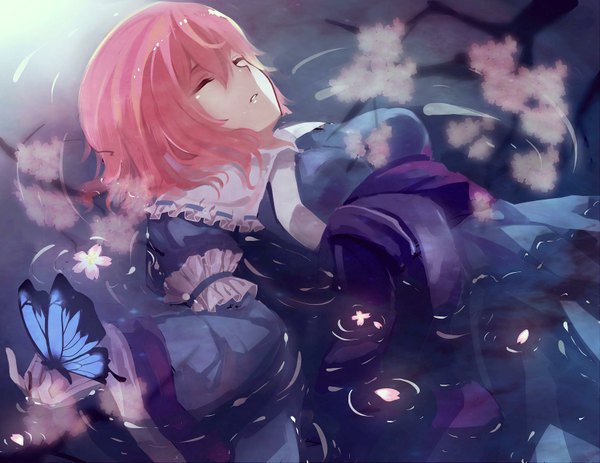 Anime picture 1650x1275 with touhou saigyouji yuyuko izumi4195202 single short hair breasts open mouth pink hair lying eyes closed traditional clothes japanese clothes wide sleeves on back partially submerged reflection girl dress ribbon (ribbons) plant (plants)