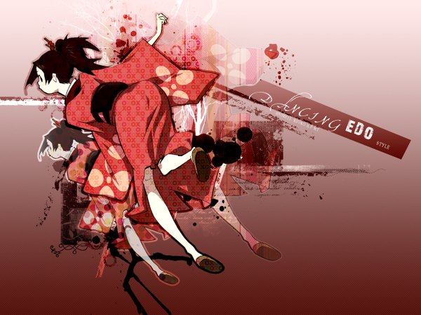 Anime picture 1280x960 with samurai champloo fuu (samurai champloo) single looking at viewer brown hair brown eyes ponytail traditional clothes japanese clothes looking back from behind wallpaper vector zoom layer running girl kimono sandals hairpin (hairpins)