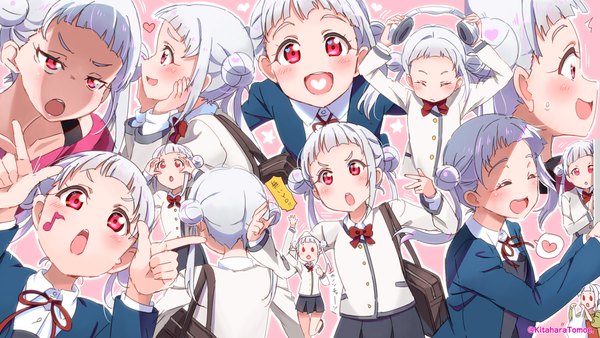 Anime picture 1200x675 with hello!!! love live! sunrise (studio) love live! arashi chisato kitahara tomoe (kitahara koubou) long hair blush open mouth red eyes wide image twintails silver hair :d :o hair bun (hair buns) shaded face multiview >:o girl uniform