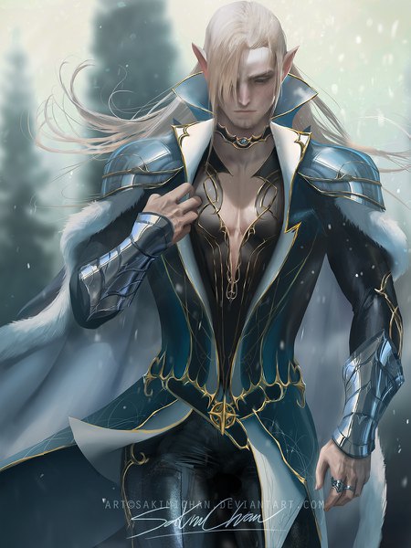 Anime picture 899x1200 with original sakimichan single long hair tall image fringe signed white hair pointy ears blurry hair over one eye realistic depth of field fur trim looking down elf cleavage cutout walking boy armor