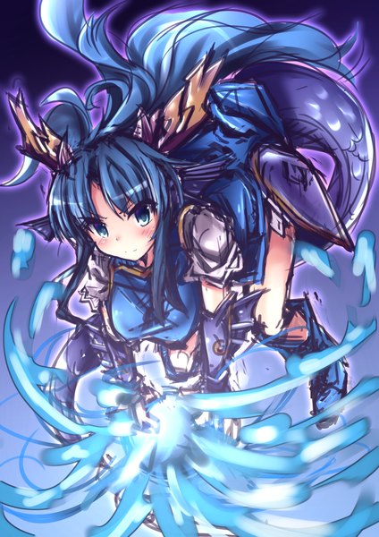 Anime picture 1654x2339 with puzzle & dragons karin (p&d) samoore single long hair tall image looking at viewer blush fringe breasts blue eyes smile blue hair tail from below magic girl boots armor