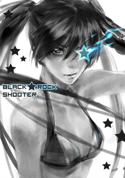 Anime picture 900x1273 with black rock shooter black rock shooter (character) nadzomiviro single long hair tall image looking at viewer fringe black hair twintails black eyes inscription glowing monochrome glowing eye (eyes) spot color girl star (symbol) bikini top