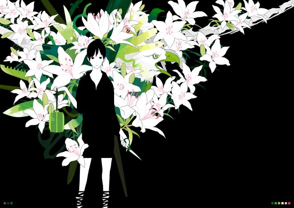 Anime picture 1200x848 with original uki (pixiv 156333) single short hair black hair black eyes black background girl flower (flowers) scissors