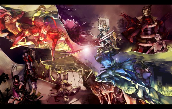 Anime picture 2500x1594 with sengoku basara production i.g date masamune sanada yukimura motochika chousokabe motonari mouri sarutobi sasuke katakura kojuurou oichi maeda keiji takenaka hanbei akechi mitsuhide kasuga azai nagamasa takeda shingen uesugi kenshin toyotomi hideyoshi lily@lee hom (artist) long hair highres