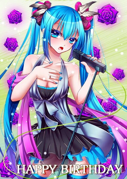 Anime picture 800x1129 with vocaloid hatsune miku uekiya touki single tall image looking at viewer open mouth blue eyes twintails bare shoulders blue hair very long hair nail polish happy birthday blue nail polish singing girl dress hair ornament flower (flowers)