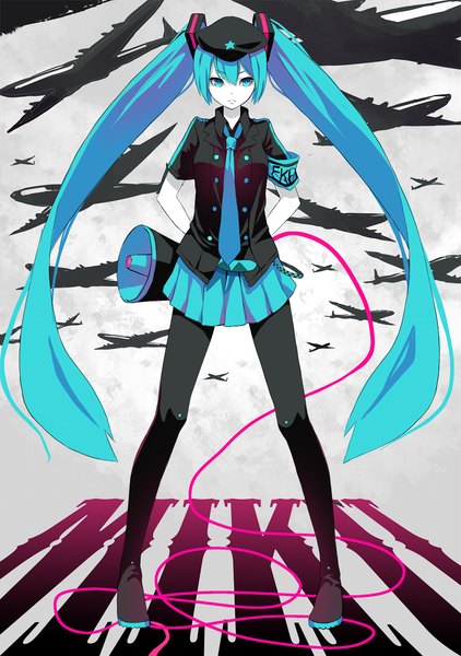 Anime picture 1024x1457 with vocaloid koi wa sensou (vocaloid) hatsune miku fkey tall image twintails very long hair aqua eyes aqua hair girl skirt miniskirt necktie wire (wires) peaked cap aircraft airplane megaphone