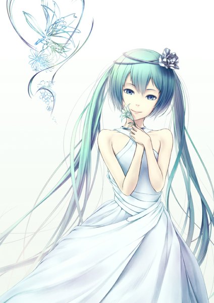 Anime picture 707x1000 with vocaloid hatsune miku oki (koi0koi) single long hair tall image looking at viewer white background twintails aqua eyes aqua hair girl dress hair ornament flower (flowers)