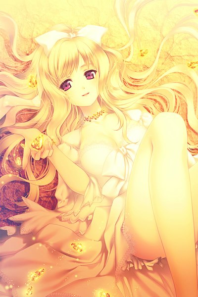 Anime picture 667x1000 with original touto seiro single long hair tall image looking at viewer open mouth blonde hair purple eyes legs girl dress bow hair bow