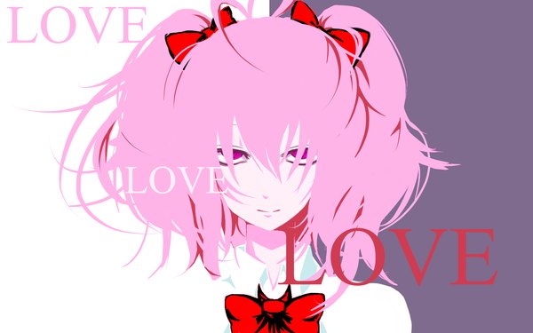 Anime picture 1725x1080 with original itosiki_zetu (artist) single long hair looking at viewer highres simple background smile white background twintails pink hair pink eyes open collar purple background girl bow hair bow
