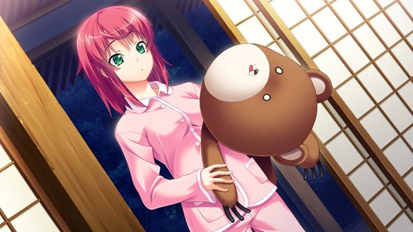 Anime picture 1280x720 with kikouyoku senki gin no toki no corona short hair wide image green eyes game cg red hair girl teddy bear pajamas