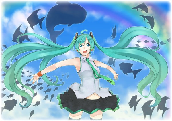 Anime picture 1300x920 with vocaloid hatsune miku single long hair open mouth blue eyes twintails ahoge aqua hair spread arms silhouette girl skirt miniskirt necktie fish (fishes) dolphin